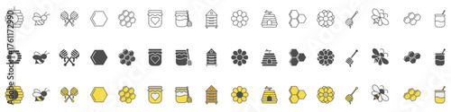 Honey and beekeeping icons vector set with bees, honeycomb jar, dipper beehive, and floral elements in outline filled and color styles for natural organic product designs.