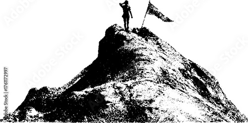 Black and white halftone illustration of person standing on mountain with flag