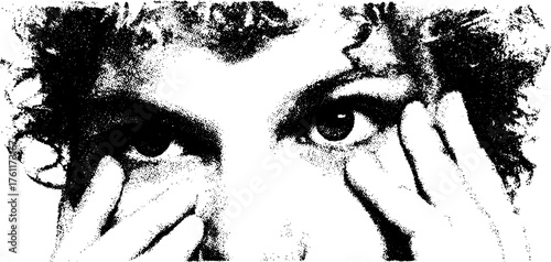 Black and white halftone portrait illustration of a person covering face