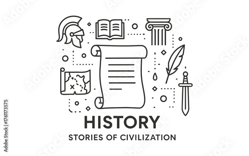 History symbols linear design featuring scroll and ancient artifacts