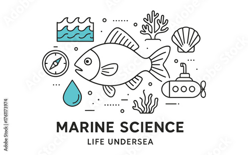 Marine science concepts in linear style highlighting life undersea with fish, coral, submarine, and shell illustrations