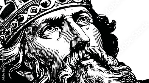 Vintage black and white illustration of a crowned king with a beard, looking upwards with a serious and regal expression, depicting ancient royalty and power.