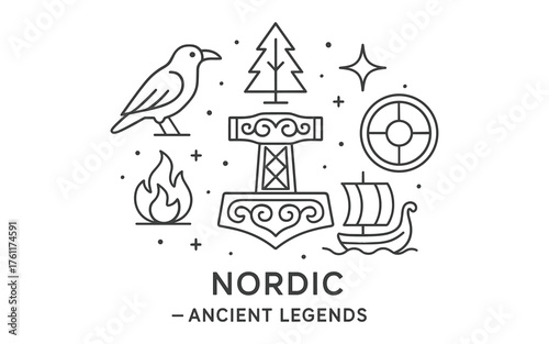 Nordic mythology symbols: thor's hammer, viking ship, and raven in line art style