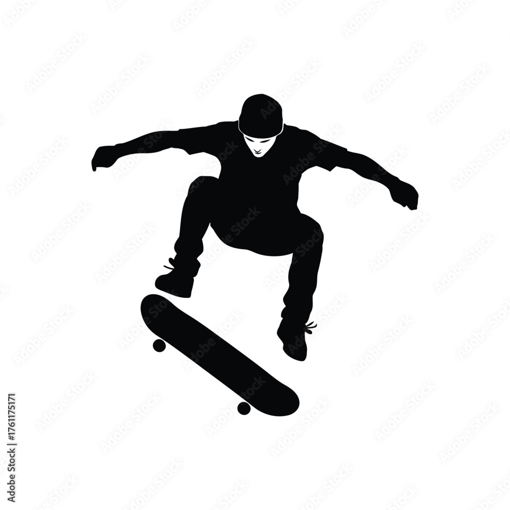 Fototapeta premium Dynamic black silhouette of a skateboarder performing an exhilarating aerial trick, embodying youthful energy and street sports culture