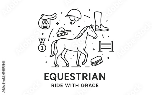 Elegant equestrian elements with horse outline and riding gear