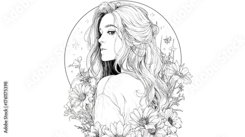 Stunning black and white line art of a graceful woman with long wavy hair and wildflowers in a serene celestial backdrop, elegant illustration.