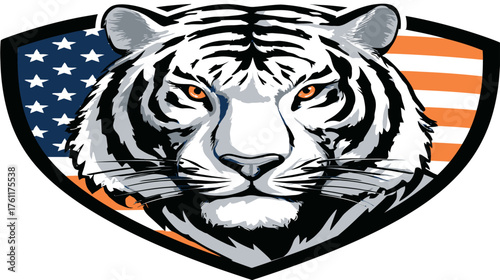 Fierce white tiger head illustration with striking orange eyes on a patriotic stars and stripes shield. American animal mascot graphic.