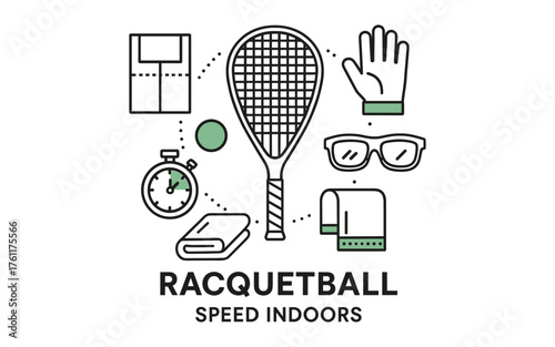 Racquetball essentials for speedy indoor game with simple line art