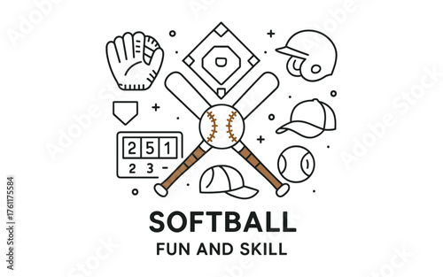 Softball essentials: flat design icons highlighting gear and field