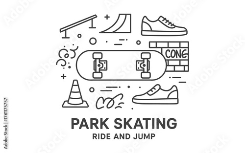 Linear design of skate park elements featuring ramps, skateboards, and sneakers