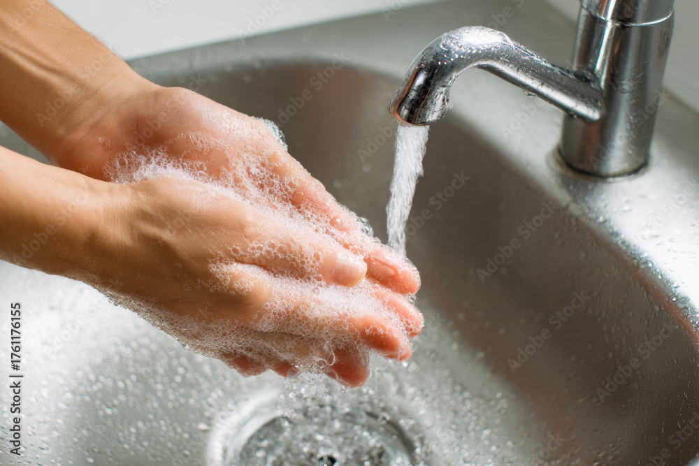 Fototapeta premium Close-up of hands covered in soap bubbles washing under running water from a shiny faucet in a stainless steel sink for hygiene and cleanliness practice