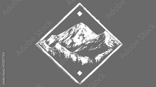 Stylized Mountain Peaks and Forest Graphic Emblem in Diamond Shape, Vintage Hand-Drawn Nature Adventure Vector Illustration