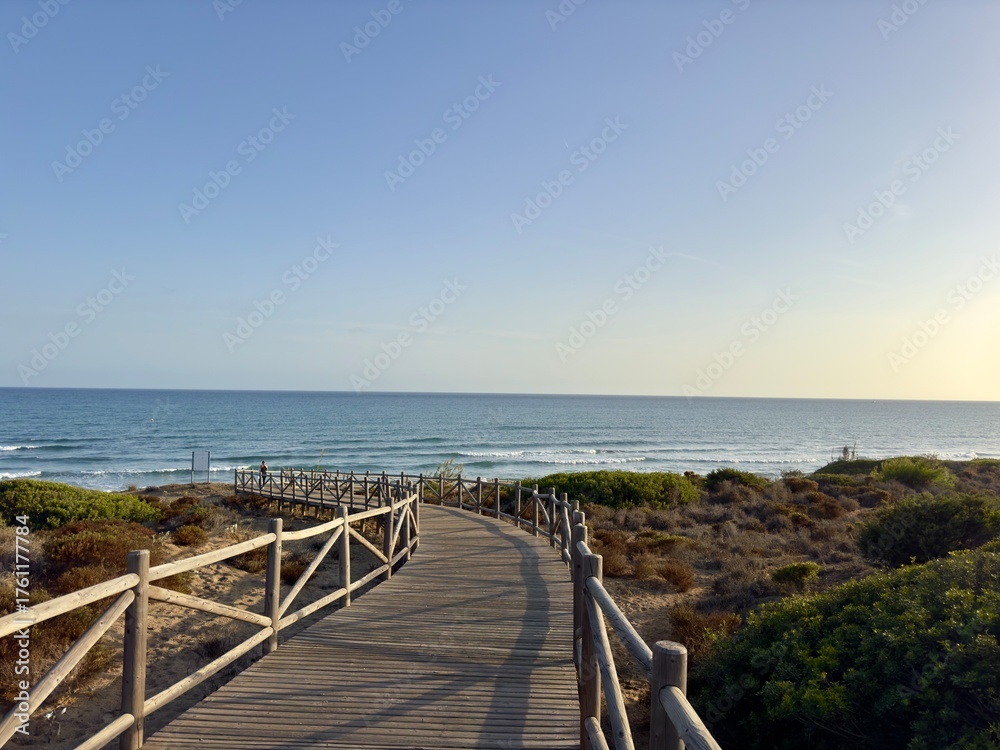 Obraz premium evening light at the coast with dunes near Marbella, wooden walkway to the Mediterranean Sea, Costa del Sol in the summer, Andalusia, Spain