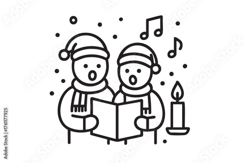 Two figures wearing winter clothing and santa hats carol together from a shared songbook, with snowflakes and music notes surrounding them and a lit candle nearby.