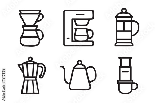 Black outline icons representing various coffee makers, including a drip coffee maker, espresso machine, french press, moka pot, gooseneck kettle, and aeropress.