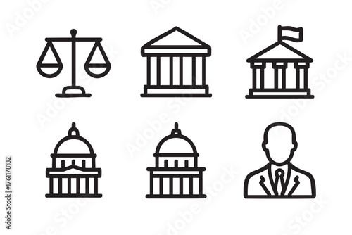 Black outline icons of justice scales, government buildings, and a person in a suit, representing law, governance, and authority concepts.
