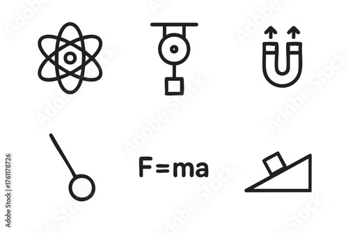 Six black outline vector icons representing fundamental physics concepts: an atom, a pendulum, a magnet, a swinging ball, newton's second law, and an inclined plane.