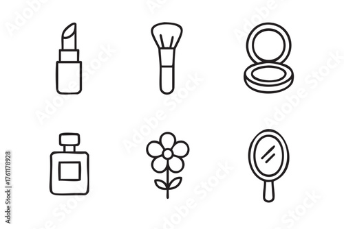 Black outline vector icons of a lipstick, makeup brush, compact, perfume bottle, flower, and handheld mirror, illustrating beauty and personal care items.
