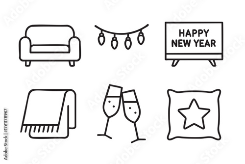 Black outline icons depicting a sofa, string lights, a happy new year sign, a folded blanket, clinking champagne glasses, and a pillow with a star design.