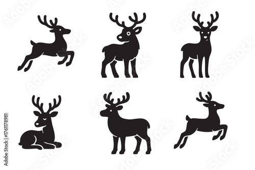 Black silhouette vectors of six deer in various poses, including standing, leaping, and lying down, with antlers emphasized in each representation.