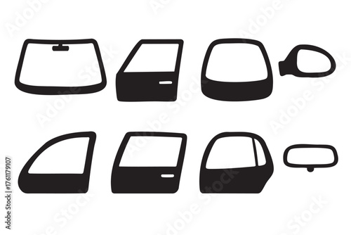 Black outline vector icons of various car parts including windshields, doors, mirrors, and side panels arranged in two rows. minimal design for automotive concepts.