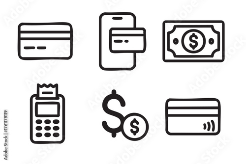 Black outline icons depicting payment methods including credit cards, mobile payment, cash, and a payment terminal with receipt.