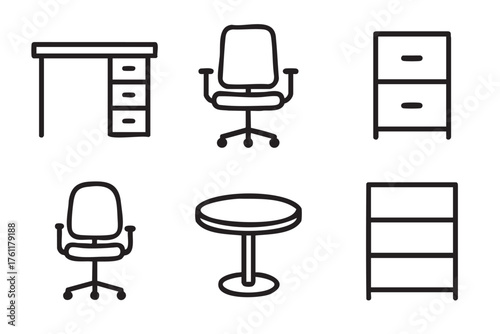 Black outline icons of office furniture including a desk with drawers, swivel chairs, a round table, a filing cabinet, and a bookshelf.
