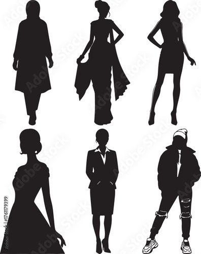 Diverse group of women silhouettes showcasing various styles and professions in a vector format for design and creative projects