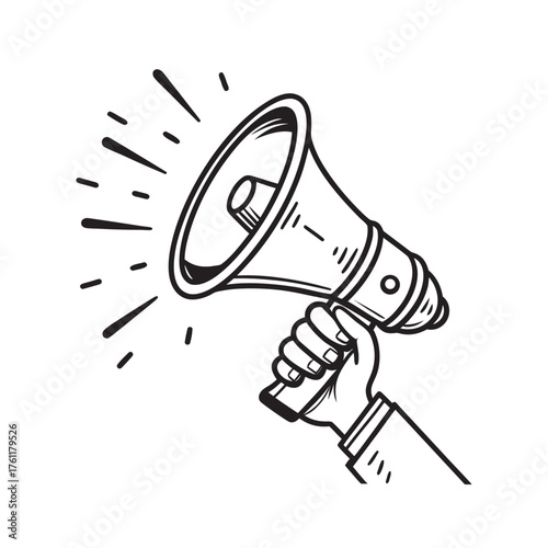 Hand holding megaphone announcing news amplifying message loudly spreading information isolated on white background