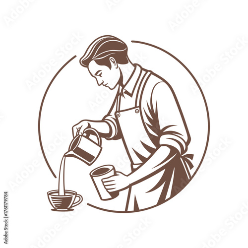 Barista pouring coffee art into cup with professional skills and expertise isolated on white background