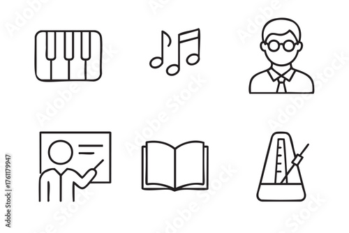 Black outline vector icons depicting a keyboard, sheet music notes, a male teacher, a presenter at a board, an open book, and a metronome.