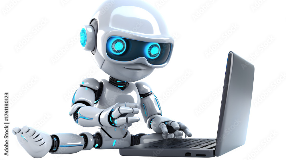 Fototapeta premium Robot using a laptop 3d rendered, isolated on transparent background