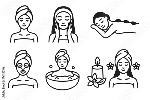 Set of black outline icons depicting various wellness activities including facial massage, relaxing bath, and spa treatments performed by women.