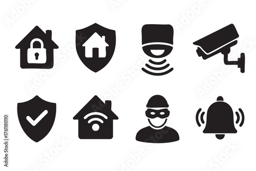Black and white security system icons including a locked house, shield with a house, surveillance camera, shield with check mark, house with wifi, burglar, and alarm bell.