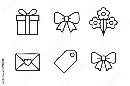 Black outline icons of a gift box with ribbon, two different styles of bows, a bouquet of flowers, an envelope with a heart, and a price tag.