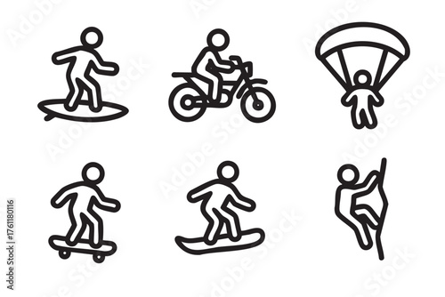 Black outline icons of individuals engaging in extreme sports activities, including surfing, motorbiking, paragliding, skateboarding, and rock climbing.