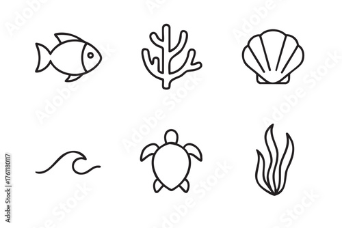 Black outline icons featuring a fish, coral, shell, wave, turtle, and seaweed, conveying a marine and ocean theme.