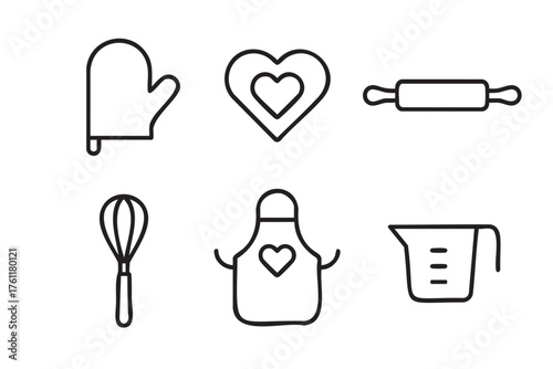 Black outline icons of kitchen tools including a mitten, heart-shaped cookies, rolling pin, whisk, apron, and measuring cup.