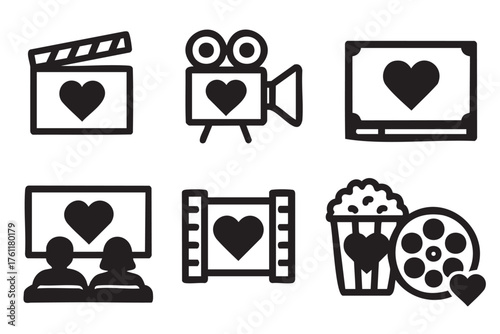 Black and white icons representing movie elements, featuring a clapperboard, film camera, screen, and popcorn, each with a heart symbol indicating love for cinema.