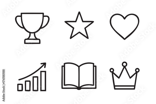 Black outline icons featuring a trophy, star, heart, ascending bar graph, open book, and crown, representing achievement, favorites, love, growth, knowledge, and leadership.