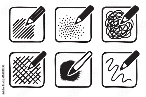 Six hand-drawn square icons showcasing different pencil shading techniques, including hatching and stippling, demonstrating artistic texture variation.