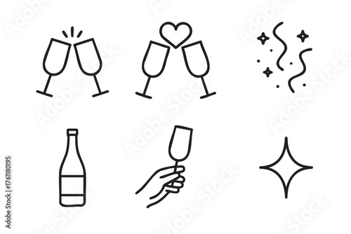 Black outline icons of champagne glasses clinking, bottle, and hand holding a glass, with decorative elements like heart, sparkles, and confetti.