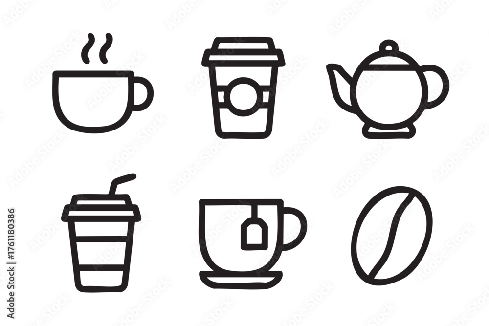Fototapeta premium Simple black outline icons of coffee cups, teapot, takeaway cups, and a coffee bean, representing drink and cafe culture.