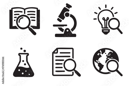 Black outline icons of a magnifying glass inspecting an open book, a microscope, a light bulb, a flask, a document, and a globe, symbolizing research and discovery.