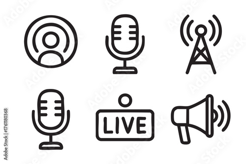 Black outline icons of a podcast symbol, three microphones, a live broadcast sign, a radio tower, and a megaphone.