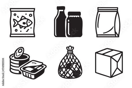 Six black outline icons of food packaging including a fish in a bag, bottles, a jar, a sealed bag, canned items, a mesh sack, and a boxed item.