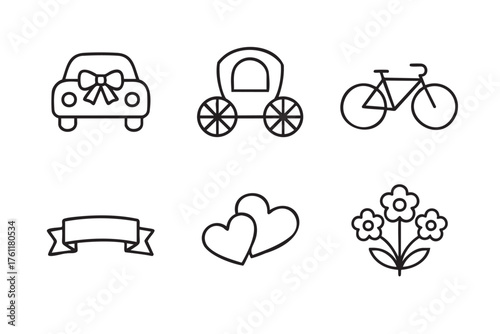 Black outline icons of a car with a bow, a horse-drawn carriage, a bicycle, a ribbon banner, two hearts, and a flower with three blooms.