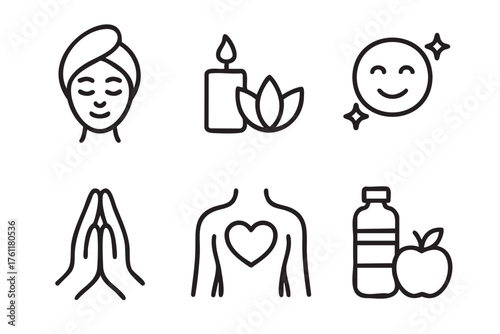 Simple black outline icons depicting wellness themes, including skincare, relaxation, positivity, mindfulness, self-care, and healthy living essentials.