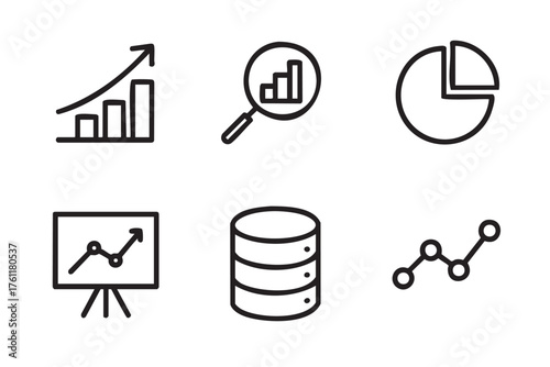 Simple black outline icons representing business and data analysis tools, including graphs and charts, for financial and statistical concepts.