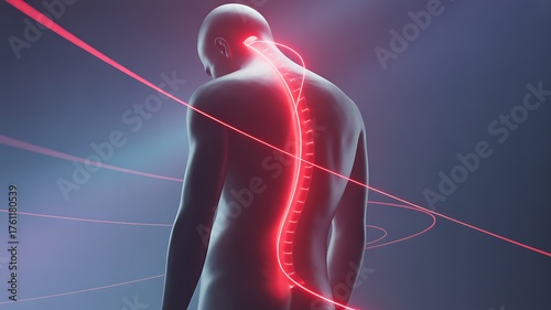 Human spine with glowing red nerve pathways, representing pain or neurological activity